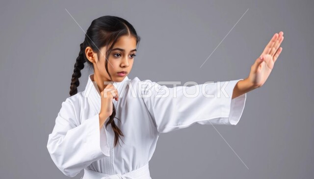 تعلم فنون القتال والدفاع عن النفس, ممارسة هواية رياضة الكاراتيه, بورتريه مقرب لفتاة عربية خليجية سعودية ترتدي الزي الخاص بالكاراتيه وتقوم بالتدريب على الحركات القتالية, خلفية رمادية