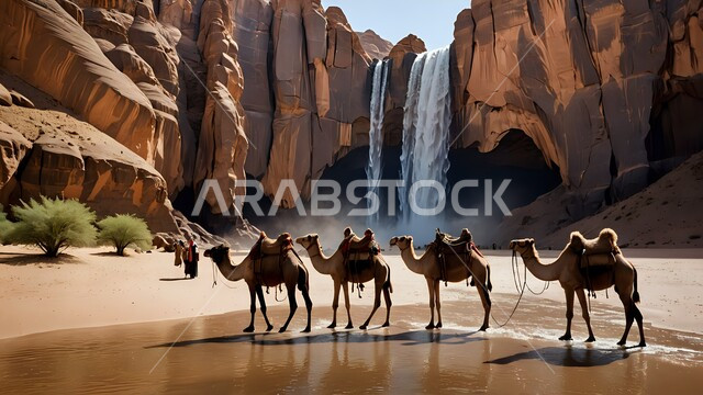 الاهتمام بالابل في صحاري المملكة العربية السعودية, ناقة تقف على الرمال الذهبية الناعمة. منظر شلال المياه في الصحراء, تربية الجمال بمحمية طبيعية في المناطق الصحراوية, التشكيلات والتكوينات الصخرية