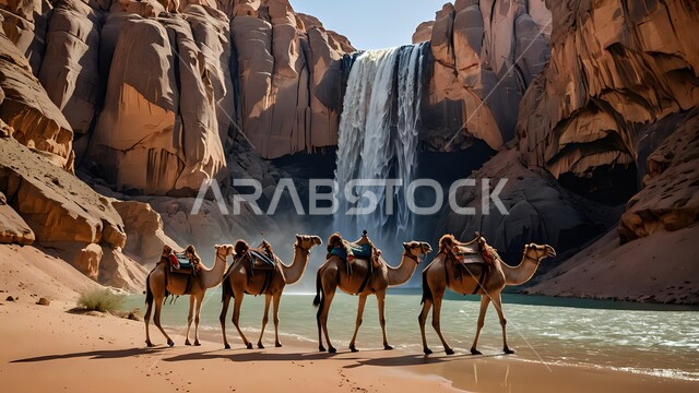 التشكيلات والتكوينات الصخرية, الاهتمام بالابل في صحاري المملكة العربية السعودية, ناقة تقف على الرمال الذهبية الناعمة. منظر شلال المياه في الصحراء, تربية الجمال بمحمية طبيعية في المناطق الصحراوية