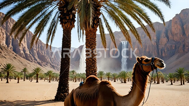 تربية الجمال بمحمية طبيعية في المناطق الصحراوية, التشكيلات والتكوينات الصخرية, الاهتمام بالابل في صحاري المملكة العربية السعودية, جمل يقف على الرمال الذهبية الناعمة. منظر شلال المياه في الصحراء