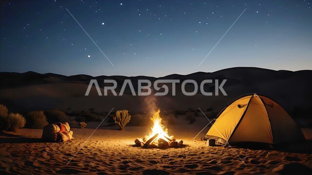 الجو الليلي الهادئ, خيمة بدوية شعبية أمام شعلة الحطب، أماكن المغامرة والكشتة البرية في المناطق الصحراوية، مخيم سياحي في صحراء المملكة العربية السعودية، الطبيعة والرمال الذهبية الناعمة