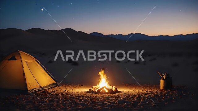 خيمة بدوية شعبية أمام شعلة الحطب، الجو الليلي الهادئ، أماكن المغامرة والكشتة البرية في المناطق الصحراوية، مخيم سياحي في صحراء المملكة العربية السعودية، الطبيعة والرمال الذهبية الناعمة
