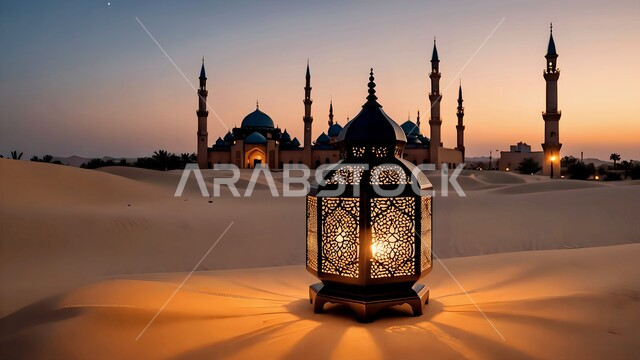 الفن الهندسي المعماري للمساجد في المملكة العربية السعودية, زينة واكسسوار شهر الخير, فانوس معدني مزخرف مضيء، مصباح عربي تقليدي, الأجواء الرمضانية الروحانية, الاحتفال بالمناسبات الدينية الإسلامية, البهجة بقدوم رمضان المبارك, الرمال الذهبية الناعمة في الصحراء
