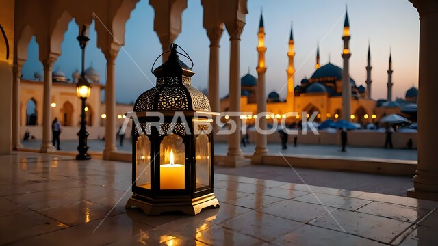 Joy of the coming of the blessed month of Ramadan, decorations and accessories for the month of goodness, decorative illuminated metal lantern, traditional Arabic lamp, spiritual Ramadan atmosphere, architectural engineering art of mosques in the Kingdom of Saudi Arabia, celebration of Islamic religious occasions
