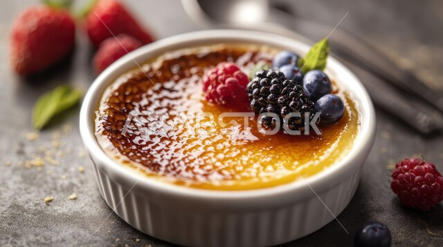 Traditional famous cold desserts, a bowl of crème brulee with fresh berries, delicious oriental Arabic dessert, the art of food presentation in restaurants and kitchens in the Kingdom of Saudi Arabia, food rich in calories and sugars