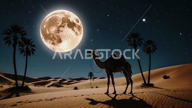 Moon view in the night sky, camel herding in the deserts of Saudi Arabia, silhouette of a camel standing on soft golden sand in the desert, camel breeding nature reserve in desert areas, formations and formations and sand dunes, cellulite