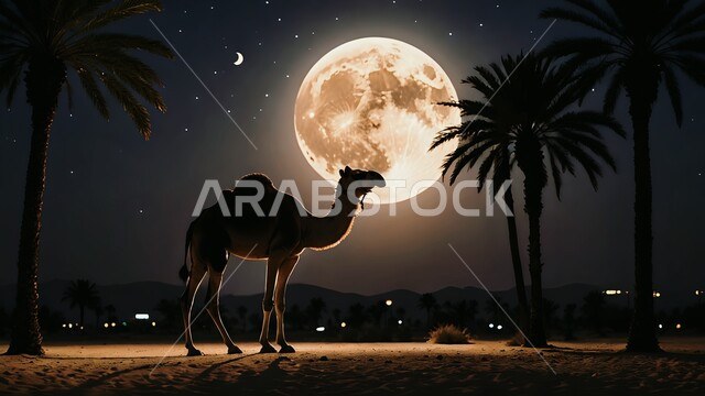 رعاية الابل في صحاري المملكة العربية السعودية, صورة ظلية لجمل يقف على الرمال الذهبية الناعمة في الصحراء, منظر القمر في السماء ليلا, تربية الجمال محمية طبيعية في المناطق الصحراوية, التشكيلات والتكوينات والكثبان الرملية, سيلوليت