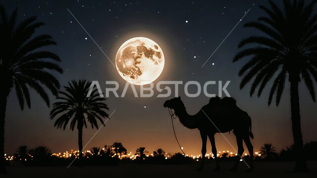 Moon view in the night sky, camel herding in the deserts of Saudi Arabia, silhouette of a camel standing on soft golden sand in the desert, camel breeding nature reserve in desert areas, formations and formations and sand dunes, cellulite