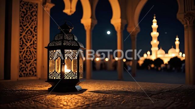 مصباح عربي تقليدي, الأجواء الرمضانية الروحانية, الاحتفال بالمناسبات الدينية الإسلامية, البهجة بقدوم رمضان المبارك, زينة واكسسوار شهر الخير, فانوس معدني مزخرف مضيء, الفن الهندسي المعماري للمساجد في المملكة العربية السعودية