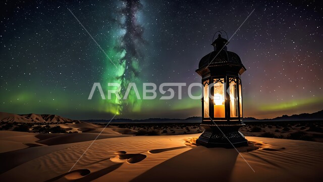 Ornate illuminated metal lantern, traditional Arabic lamp on soft golden sands in the desert, spiritual Ramadan atmosphere in Saudi Arabia, celebration of Islamic religious occasions, joy of the coming of the holy month of Ramadan, decorations and accessories of the month of goodness, view of the sky and the Milky Way