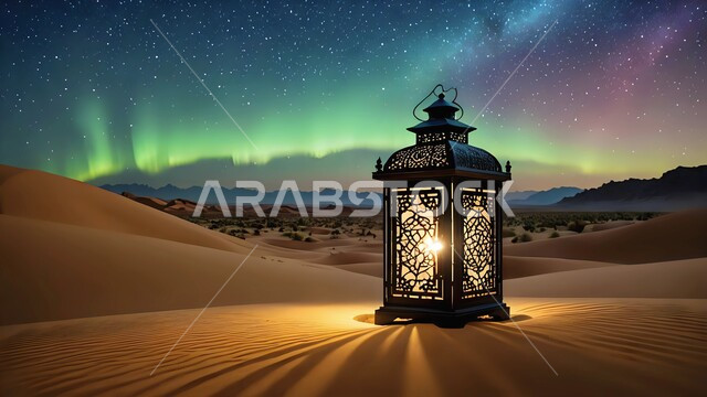 Ornate illuminated metal lantern, traditional Arabic lamp on soft golden sands in the desert, spiritual Ramadan atmosphere in Saudi Arabia, celebration of Islamic religious occasions, joy of the coming of the holy month of Ramadan, decorations and accessories of the month of goodness, view of the sky and the Milky Way