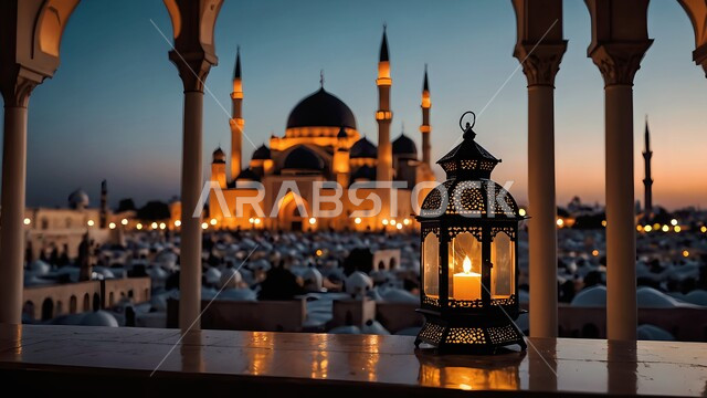 Traditional Arabic lamp, Spiritual Ramadan atmosphere, Celebrating Islamic religious occasions, Joy of the coming of the blessed month of Ramadan, Decorations and accessories of the month of goodness, Ornate illuminated metal lantern, Architectural art of mosques in the Kingdom of Saudi Arabia