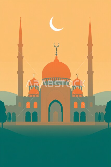 منظر الهلال في السماء, التصميم المميز للقبب والمآذن, مفهوم العبادة والتقرب إلى الله تعالى, نداء المسلمين لأداء فريضة الصلاة, مسجد إسلامي في المملكة العربية السعودية, الفن الهندسي المعماري لبناء المساجد على الطراز العربي الإسلامي