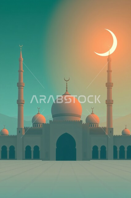 Islamic mosque in Saudi Arabia, architectural art of building mosques in the Arab Islamic style, the view of the crescent moon in the sky, the distinctive design of domes and minarets, the concept of worship and drawing closer to God Almighty, the call of Muslims to perform the obligatory prayer
