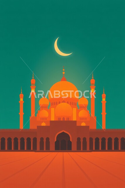 نداء المسلمين لأداء فريضة الصلاة, مسجد إسلامي في المملكة العربية السعودية, الفن الهندسي المعماري لبناء المساجد على الطراز العربي الإسلامي, منظر الهلال في السماء, التصميم المميز للقبب والمآذن, مفهوم العبادة والتقرب إلى الله تعالى