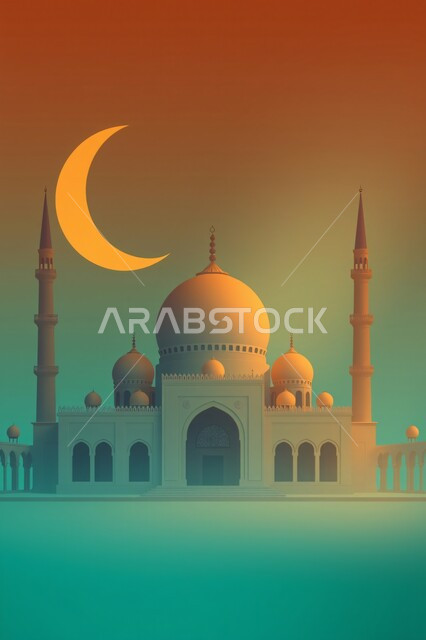 The concept of worship and drawing closer to God Almighty, the call of Muslims to perform the obligatory prayer, an Islamic mosque in the Kingdom of Saudi Arabia, the architectural engineering art of building mosques in the Arab-Islamic style, the view of the crescent in the sky, the distinctive design of domes and minarets