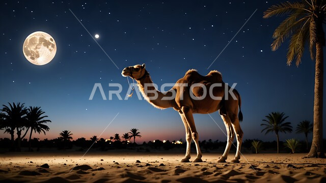 التكوينات والتشكيلات الرملية في الصحاري, مفهوم رعاية المواشي والثديات، حيوان الجمل يقف وسط صحراء المملكة العربية السعودية في وقت الليل, الاهتمام في تربية الجمال و الإبل, أشجار النخيل الخضراء في المناطق الصحراوية، منظر القمر والنجوم في السماء