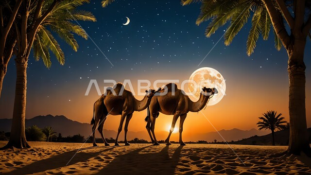 الاهتمام في تربية الجمال و الإبل, مفهوم رعاية المواشي والثديات، التكوينات والتشكيلات الرملية في الصحاري, حيوانان الجمل يقفان وسط صحراء المملكة العربية السعودية في وقت الليل, أشجار النخيل الخضراء في المناطق الصحراوية، منظر القمر والنجوم في السماء