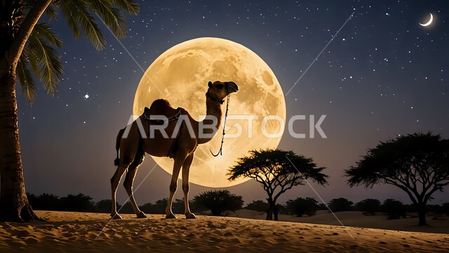 مفهوم رعاية المواشي والثديات، التكوينات والتشكيلات الرملية في الصحاري, حيوان الجمل يقف وسط صحراء المملكة العربية السعودية في وقت الليل, الاهتمام في تربية الجمال و الإبل, أشجار النخيل الخضراء في المناطق الصحراوية، منظر القمر والنجوم في السماء