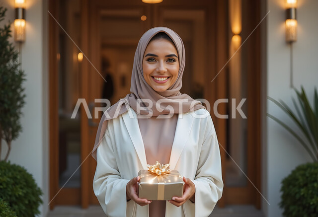 Caring about elegance and appearance, gestures of happiness and joy at receiving gifts on holidays and happy occasions, a smiling veiled Saudi Arabian Gulf woman holding a wrapped gift box in her hand