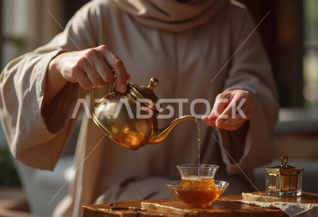 تقديم المشروبات الساخنة للضيوف، صورة مقربة ليدين امرأة عربية خليجية سعودية محجبة ترتدي عباءة تقليدية تقوم بصب شراب الشاي الساخن من ابريق نحاسي، مفهوم حسن الضيافة والاستقبال 