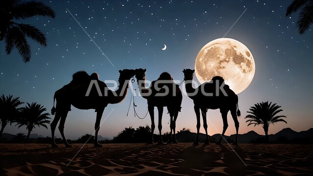Interest in camel breeding, green palm trees in desert areas, concept of livestock and mammal care, sand formations and formations in deserts, silhouette of a group of camels standing in the middle of the desert of Saudi Arabia at night, view of the moon and stars in the sky, Saluit