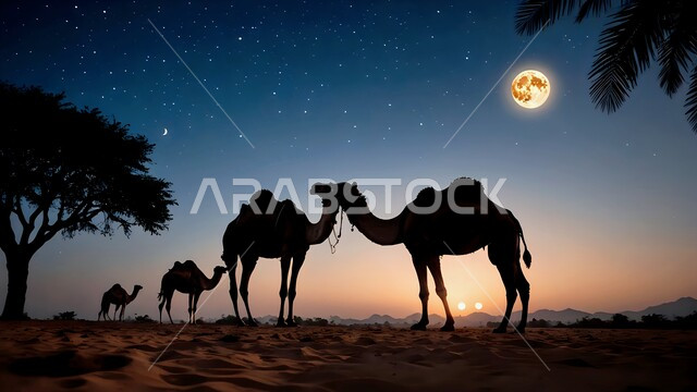 مفهوم رعاية المواشي والثديات، التكوينات والتشكيلات الرملية في الصحاري, صورة ظلية لمجموعة من الجمال يقفون وسط صحراء المملكة العربية السعودية وقت الليل, الاهتمام في تربية الإبل, أشجار النخيل الخضراء في المناطق الصحراوية، منظر القمر والنجوم في السماء، سالويت