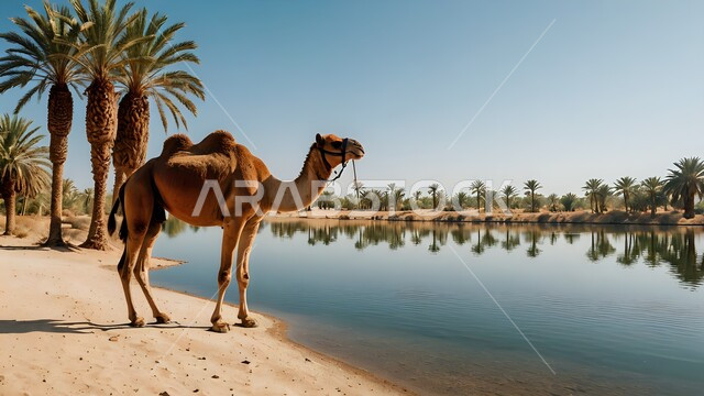 مزارع و واحات أشجار النخيل في الطبيعة الصحراوية في المملكة العربية السعودية, حيوان الجمل يقف بجانب مياه البحيرة في النهار, مناطق رحلات السفاري الترفيهية, المحميات الطبيعية والكثبان الرملية الناعمة في الصحراء
