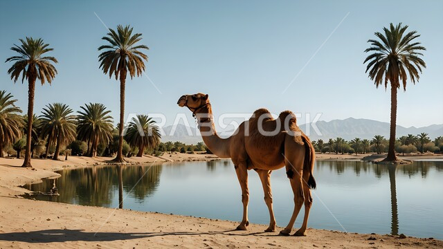 حيوان الجمل يقف بجانب مياه البحيرة في النهار, مزارع و واحات أشجار النخيل في الطبيعة الصحراوية في المملكة العربية السعودية, مناطق رحلات السفاري الترفيهية, المحميات الطبيعية والكثبان الرملية الناعمة في الصحراء