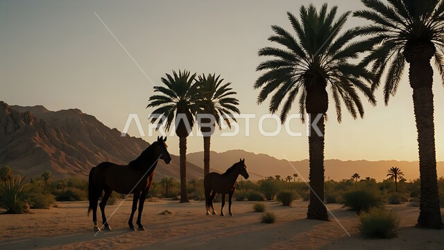 حصانان عربيان اصيلان يقفان على الكثبان الرملية الناعمة في المناطق الصحراوية وقت غروب الشمس، محمية طبيعية لأشجار النخيل في صحراء المملكة العربية السعودية, شغف وحب الفروسية، الاهتمام والعناية بالجياد