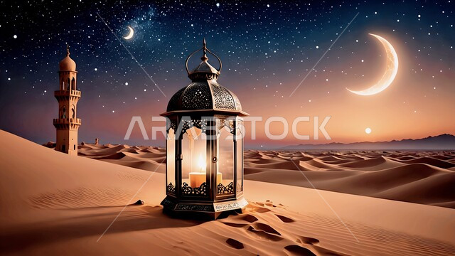 البيئة الصحراوية والكثبان الرملية في صحراء المملكة العربية السعودية، منظر مجرة درب التبانة في السماء وقت الليل، إضاءة وزينة الاعياد والمناسبات الدينية مع هلال شهر رمضان، فانوس معدني مزخرف مضيء وسط الرمال الناعمة، تحفة إسلامية عريقة، خلفية مأذنة مسجد