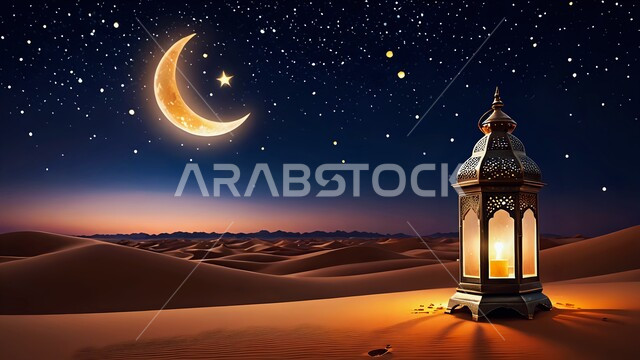 إضاءة وزينة الاعياد والمناسبات الدينية مع هلال شهر رمضان ، البيئة الصحراوية والكثبان الرملية في صحراء المملكة العربية السعودية، فانوس معدني مزخرف مضيء وسط الرمال الناعمة، منظر مجرة درب التبانة في السماء وقت الليل، تحفة إسلامية عريقة، خلفية الطبيعة