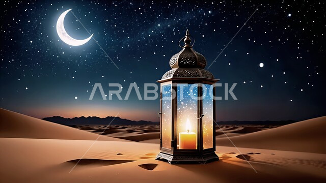 زينة و إضاءة الاعياد والمناسبات الدينية مع هلال شهر رمضان ، البيئة الصحراوية والكثبان الرملية في صحراء المملكة العربية السعودية، فانوس معدني مزخرف مضيء وسط الرمال الناعمة، منظر مجرة درب التبانة في السماء وقت الليل، تحفة إسلامية عريقة، خلفية الطبيعة