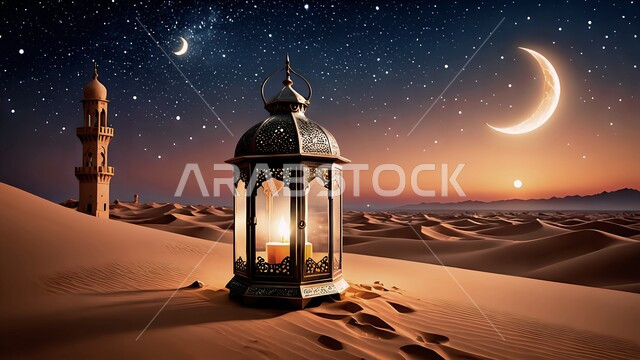 Milky Way Galaxy View in Night Sky, Desert Environment and Sand Dunes in Saudi Arabia Desert, Holiday and Religious Occasions Lighting and Decoration with Ramadan Crescent, Ornate Metal Lantern Shining in Soft Sand, Ancient Islamic Artifact, Mosque Minaret Background