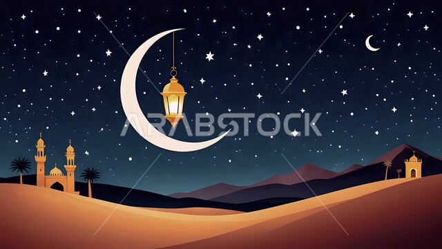 Illustration of illuminated metal lantern hanging with Ramadan crescent moon, Islamic mosque with palm tree in desert environment, sand dunes in Saudi Arabia desert, view of bright stars in the night sky, lighting and decoration for religious holidays and events