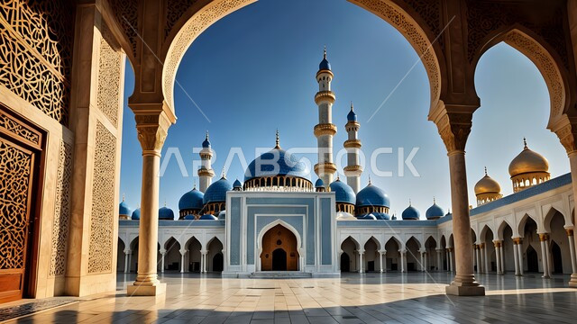 الفن الهندسي المعماري على الطراز الاسلامي للساحة الخارجية لمسجد عربي عريق، نداء المسلمين لأداء الفرائض والصلاة في وقتها، مفهوم العبادة و التقرب الى الله تعالى, قبب ومآذن المساجد بتصميم متميز