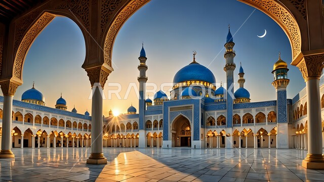 نداء المسلمين لأداء الفرائض والصلاة في وقتها، الفن الهندسي المعماري على الطراز الاسلامي للساحة الخارجية لمسجد عربي عريق، مفهوم العبادة و التقرب الى الله تعالى, قبب ومآذن المساجد بتصميم متميز