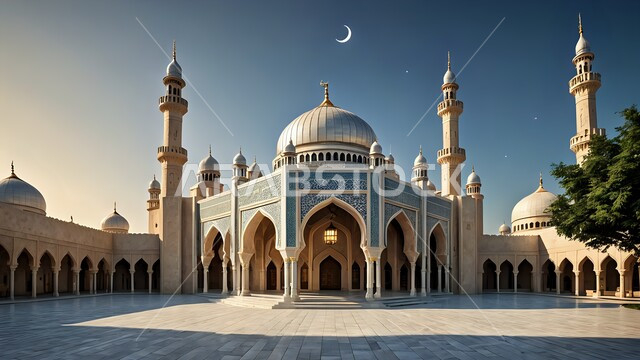 The concept of worship and drawing closer to God Almighty, the call of Muslims to perform the obligatory prayers and pray on time, the Islamic architectural style of the outer courtyard of an ancient Arab mosque, the domes and minarets of mosques with a distinctive design