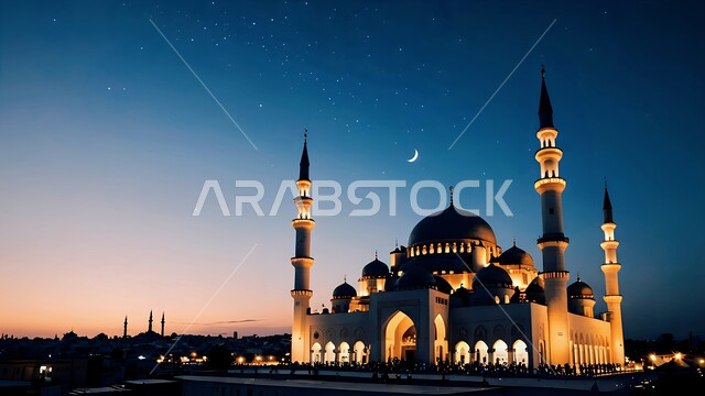 منظر الهلال في السماء ليلا، قبب ومآذن المساجد المضاءة بتصميم متميز، الفن الهندسي المعماري على الطراز الاسلامي لمسجد عربي عريق، نداء المسلمين لأداء الفرائض والصلوات، مفهوم العبادة و التقرب الى الله تعالى