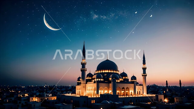 قبب ومآذن المساجد المضاءة بتصميم متميز، منظر الهلال في السماء ليلا، الفن الهندسي المعماري على الطراز الاسلامي لمسجد عربي عريق، نداء المسلمين لأداء الفرائض والصلوات، مفهوم العبادة و التقرب الى الله تعالى