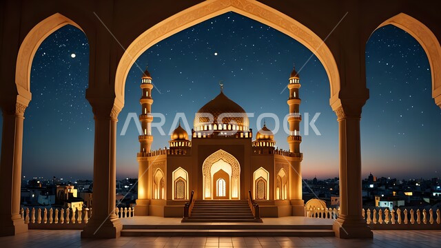 الديكور العصري للأعمدة والأقواس، قبب ومآذن المساجد المضاءة ليلا بتصميم متميز، الفن الهندسي المعماري على الطراز الاسلامي لمسجد عربي عريق، نداء المسلمين لأداء الفرائض والصلوات، مفهوم العبادة و التقرب الى الله تعالى