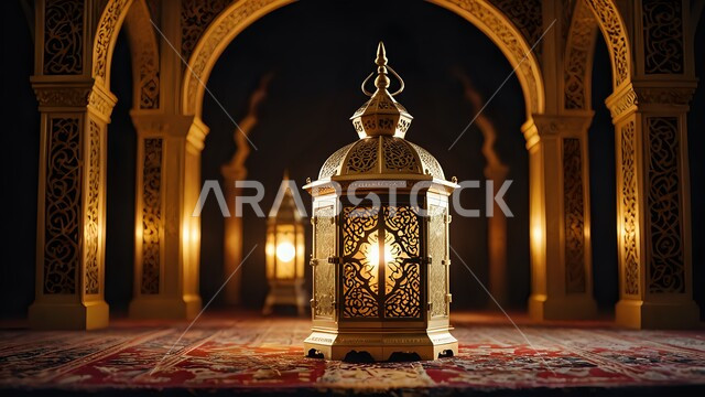 فانوس عربي معدني مزخرف مضيء، الفن الاسلامي للتحف والاكسسوارات، إضاءة وزينة شهر رمضان المبارك، ديكورات وأنوار في الأجواء الرمضانية الروحانية، تحفة اسلامية تقليدية للاحتفال بقدوم شهر الخير