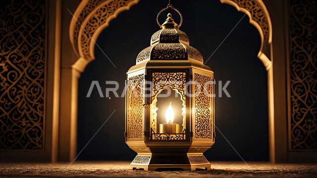 الفن الاسلامي للتحف والاكسسوارات، فانوس عربي معدني مزخرف مضيء، إضاءة وزينة شهر رمضان المبارك، ديكورات وأنوار في الأجواء الرمضانية الروحانية، تحفة اسلامية تقليدية للاحتفال بقدوم شهر الخير