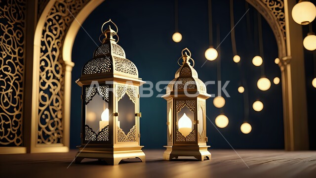 Decorations and lights in the spiritual atmosphere of Ramadan, decorative illuminated metal Arabic lanterns, Islamic art of antiques and accessories, lighting and decorations for the holy month of Ramadan, traditional Islamic antiques to celebrate the arrival of the month of goodness