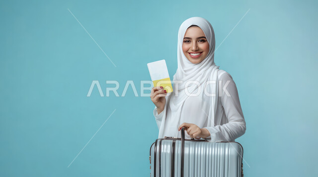 الاستمتاع بالرحلات السياحية في وقت العطلة, الاستعداد لقضاء أوقات ممتعة, بورتريه مقرب لامرأة عربية خليجية سعودية مبتسمة محجبة تمسك بيدها حقيبة السفر وتأشيرة الموافقة، التحضير للإجازة الصيفية, خلفية زرقاء