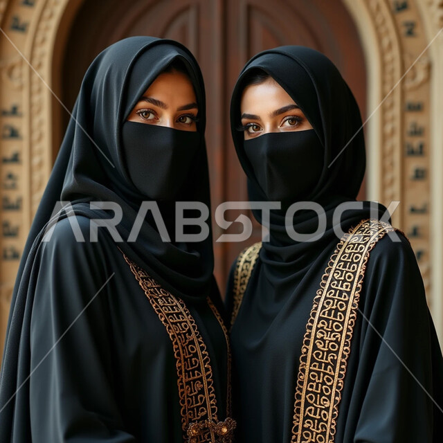 مفهوم الانوثة والنعومة، صورة مقربة لسيدتين عربيتين خليجيتين سعوديتين محجبتين ترتديان النقاب والعباءه السوداء المطرزة تنظران الى الكاميرا بإيماءات الثقة بالنفس, الاهتمام بالأناقة والمظهر الخارجي
