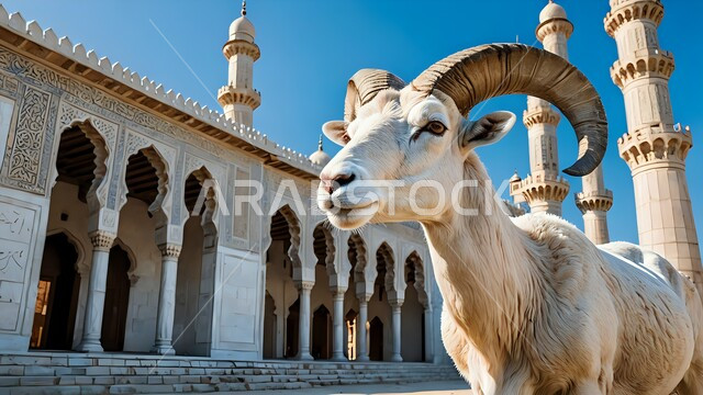 الاهتمام برعاية وتربية الخراف، الفن الهندسي المعماري على الطراز العربي لمساجد المملكة العربية السعودية، حيوان الماعز يقف في الساحة الخارجية لمسجد اسلامي عريق، قربان وأضحية عيد الأضحى المبارك