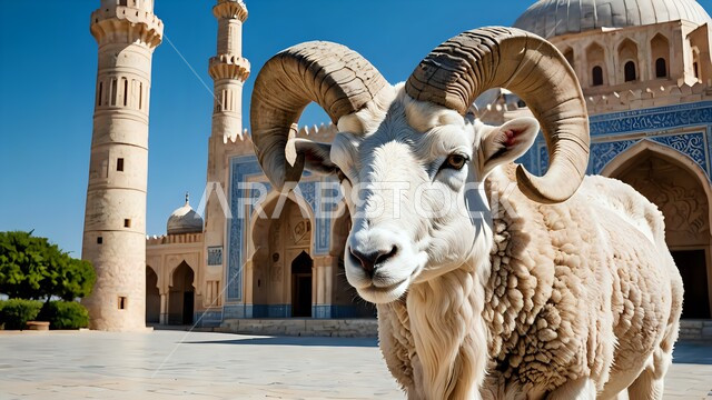 Arabic style architectural art of mosques in Saudi Arabia, goat standing in the outer courtyard of an ancient Islamic mosque, sacrifice and offering of Eid al-Adha, distinctive design of domes and minarets, interest in caring for and raising sheep