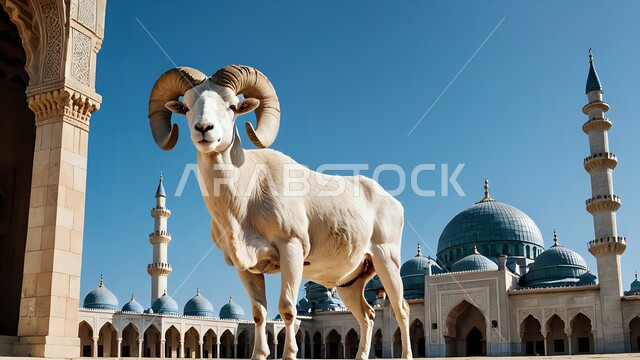حيوان الماعز يقف في الساحة الخارجية لمسجد اسلامي عريق، قربان وأضحية عيد الأضحى المبارك، الفن الهندسي المعماري على الطراز العربي لمساجد المملكة العربية السعودية، التصميم المتميز للقبب والمآذن، الاهتمام برعاية وتربية الخراف