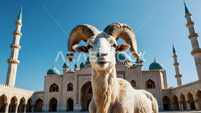 قربان وأضحية عيد الأضحى المبارك، حيوان الماعز يقف في الساحة الخارجية لمسجد اسلامي عريق، الفن الهندسي المعماري على الطراز العربي لمساجد المملكة العربية السعودية، التصميم المتميز للقبب والمآذن، الاهتمام برعاية وتربية الخراف